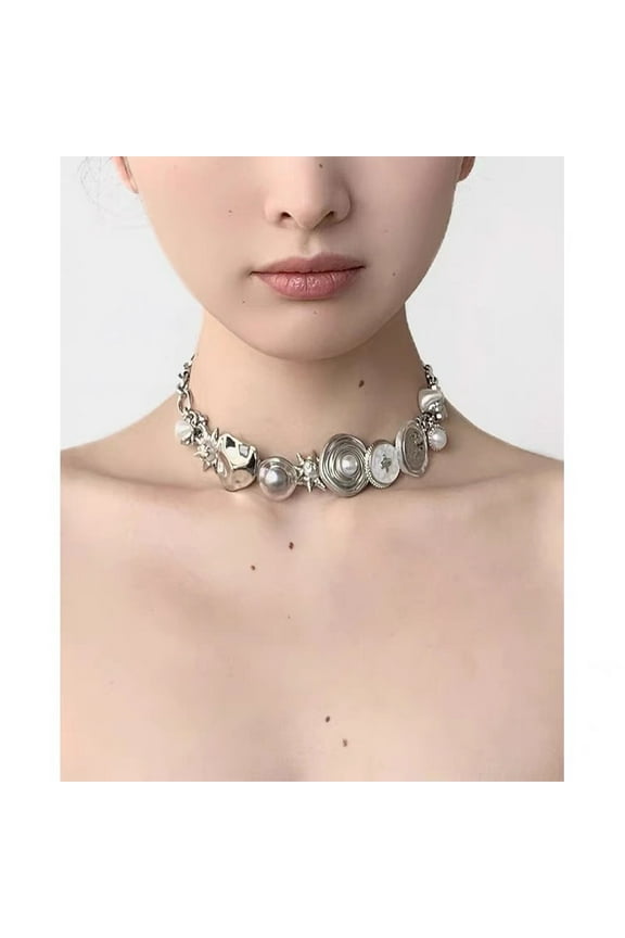 Sun Heat Button Stainless Steel Acrylic Plastic Imitation Pearl Choker Necklaces Stainless Steel Color 13.78 inch(35cm)