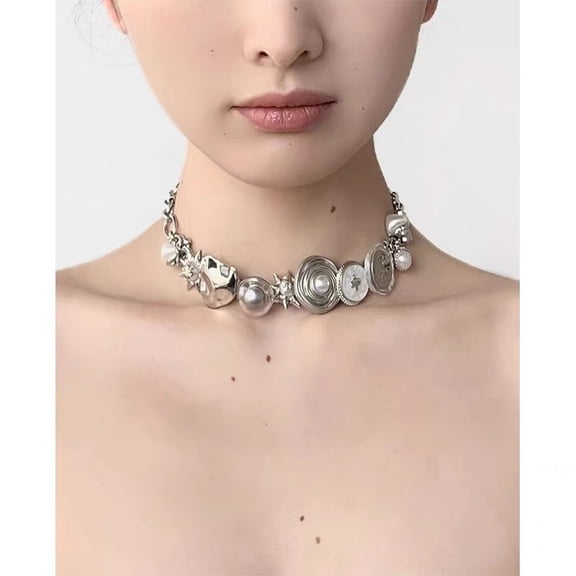 Sun Heat Button Stainless Steel & Acrylic & Plastic Imitation Pearl Choker Necklaces Stainless Steel color 13.78 inch(35cm)