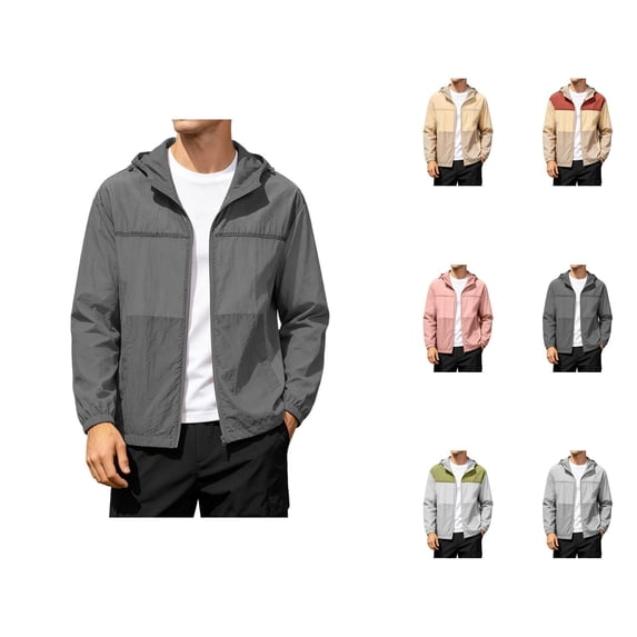 Sun Hoodie Mens Summer Fall Long Sleeve Loose Casual Lightweight Zip Up Hooded Sun Jacket Outerwear with Pockets