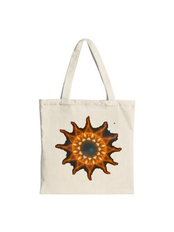 Sun-Inspired Tote Bag: Intricate orange and black geometric patterns radiate from the center perfect for shopping travel and parties