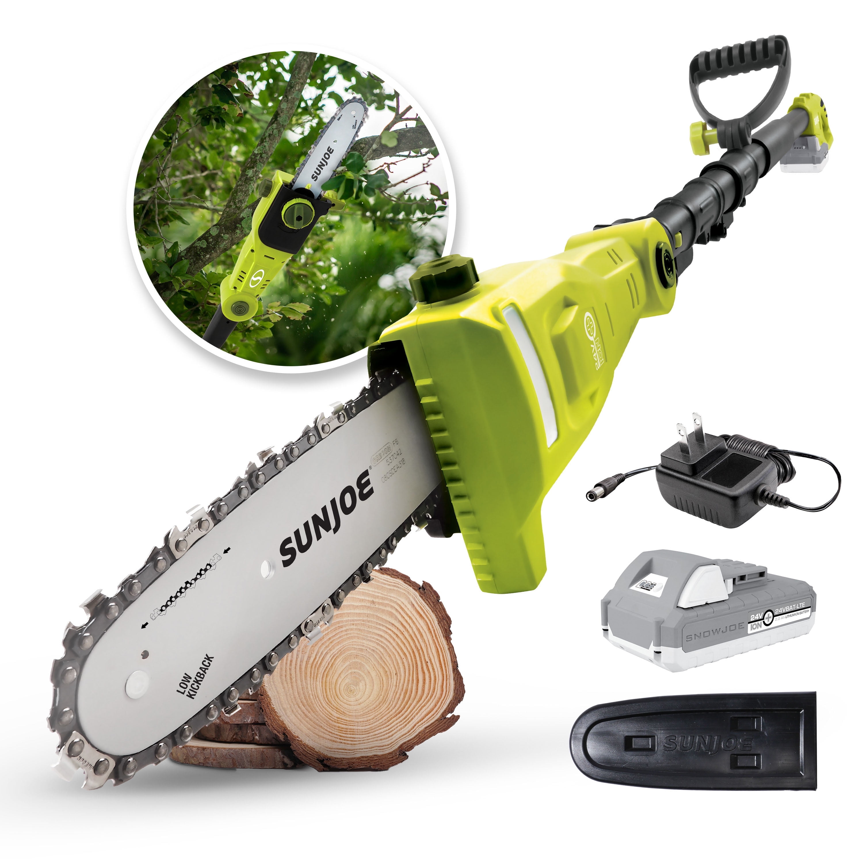 Sun Joe 24V 8 inch Cordless Pole Saw Extendable Tree Trimmer 2.0 Ah Battery Charger Walmart