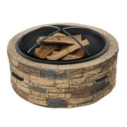 Sun Joe 35" Wood Burning Fire Pit with Dome Screen & Poker, Cast Stone Base, Natural Stone
