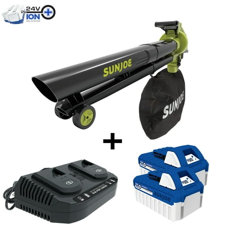Sun Joe - 48-Volt iON+ 155 MPH 388 CFM Cordless Handheld Blower and Vacuum and Mulcher (2 x 4.0Ah Batteries and 1 x Charger) - Green