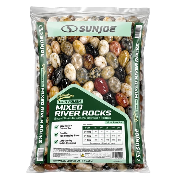 Sun Joe High-Polish Mixed Decorative River Rocks for Gardens, Planters, and Dcor, 25 lb