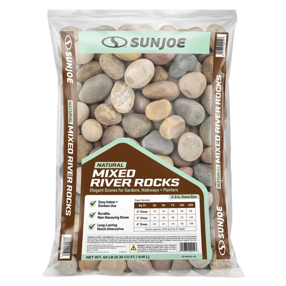 Sun Joe Natural Mixed Decorative River Rocks for Gardens, Planters, and Dcor, 40 lbs