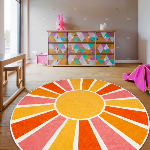 Sun Kids Rug,2.6 ft Rainbow Kids Rugs for Room,Non-Slip Washable Round Kid playroom rug,Ultra Soft Circle Nursery Rug Colorful Kids Area Rug for Kid Room Classroom Bedroom Living Room Decor(Pink)