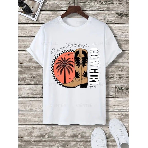Sun Kissed Cowgirl Boots & Palm Tree T-Shirt - Western Graphic Tee - Beach Cowgirl Apparel , For Men/Women,Up to 5XL