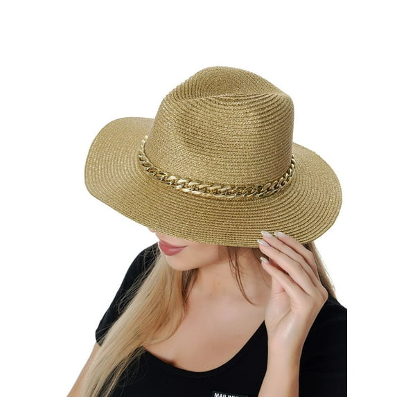 Sun-Kissed Sparkle: Women's Summer Fedora Straw Hat with Glittering Finish Gold