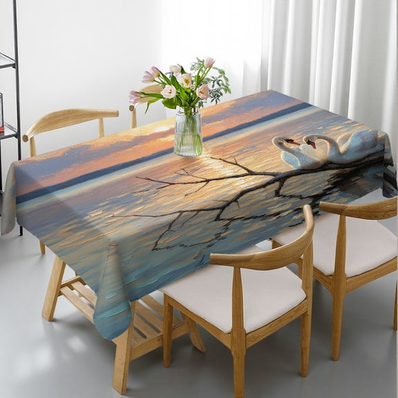 Sun-Kissed Swan Serenade Rectangular Tablecloth, Holiday Party Tablecloth - Kitchen Accessories Tablecloths for dining table, Cafe, dinner, brunch, buffet, picnic