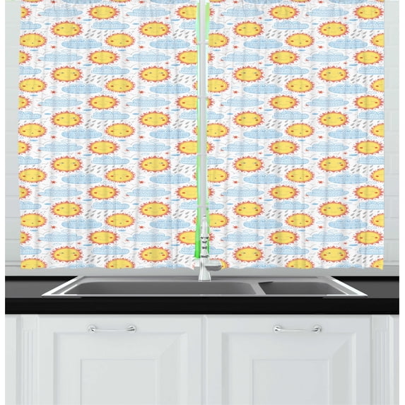 Sun Kitchen Curtains, Continuous Weather Conditions Sunny Clouds Rain, Two Panels Drapes with Rod Pocket Room Decor, 55" X 45", White Multicolor, by Ambesonne