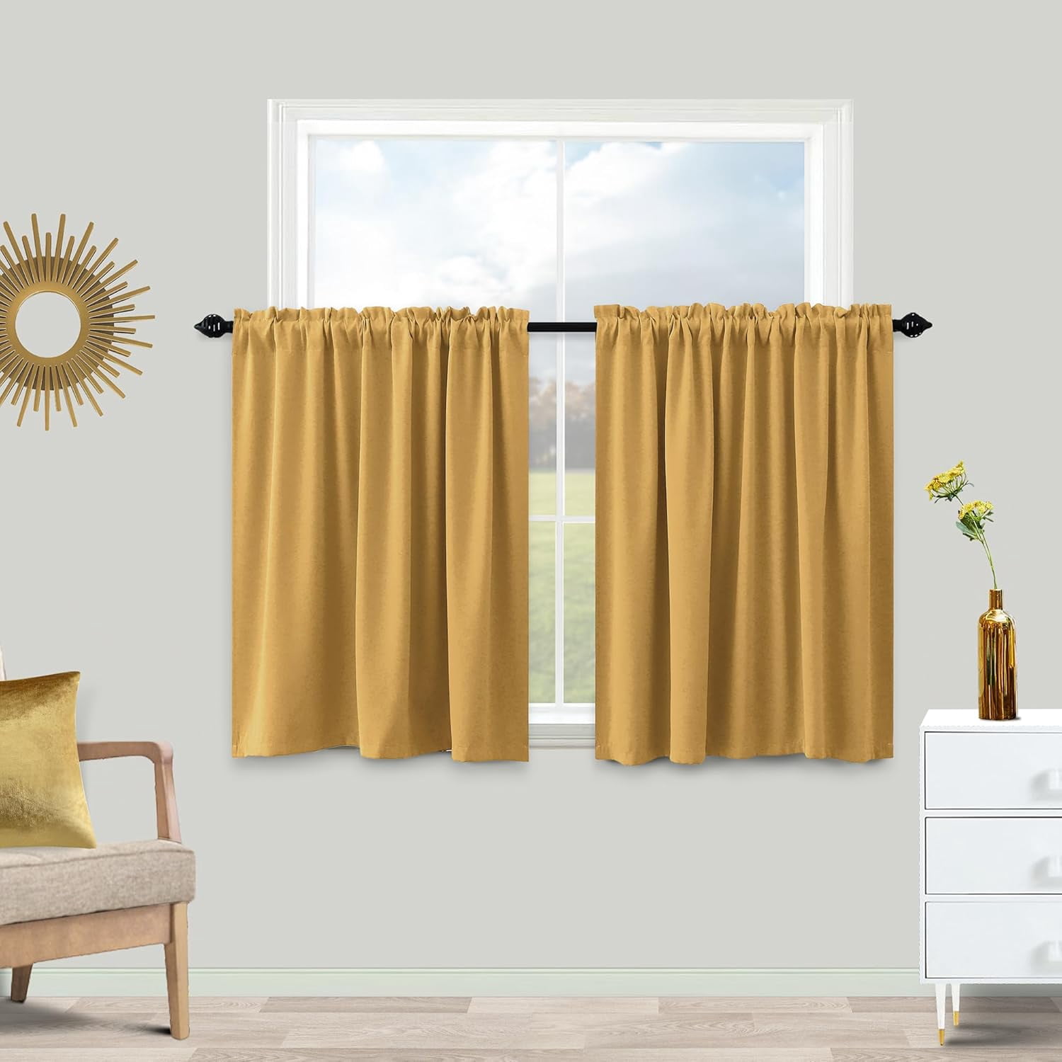 Sun Light Gold Kitchen Curtains 30 Inch Length Set of 2 Pack Rod Pocket ...
