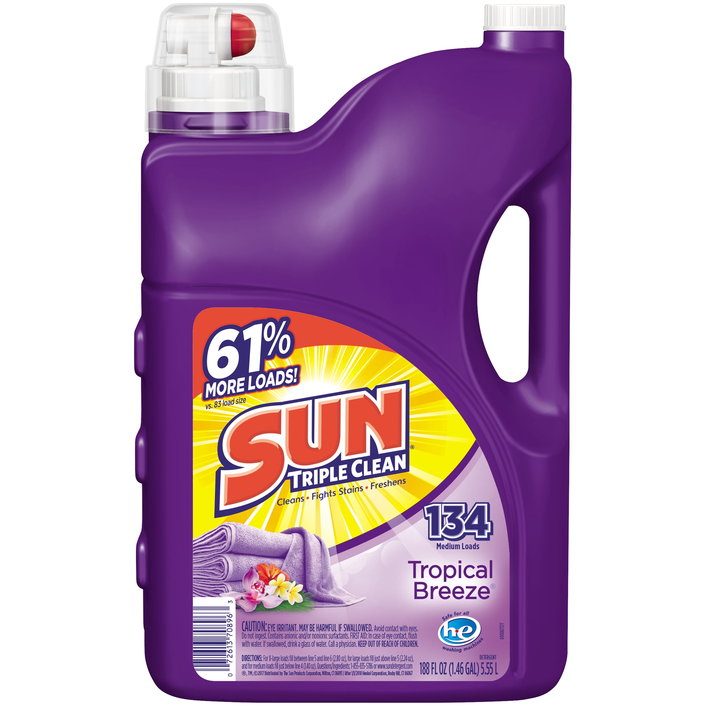 Sun Liquid Laundry Detergent, Tropical Breeze, 188 Ounce, 134