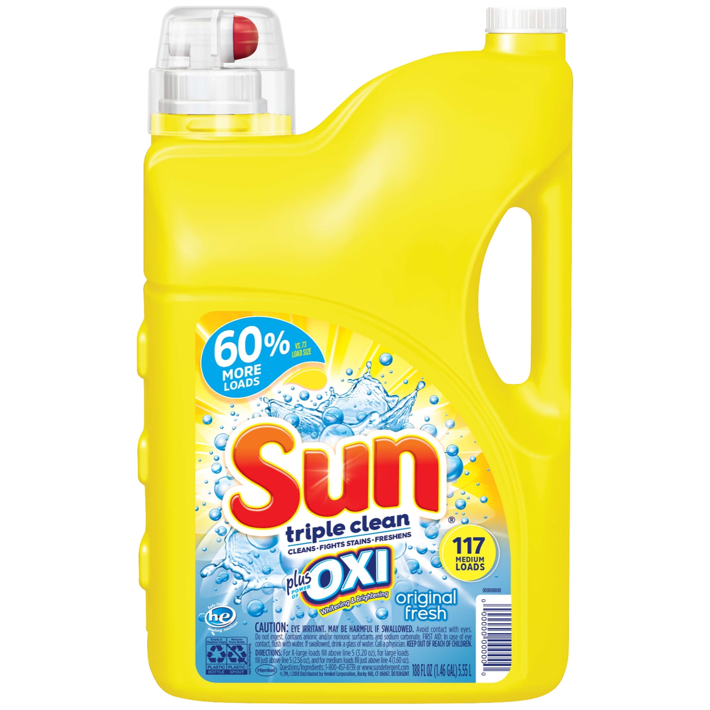 Sun Liquid Laundry Detergent plus OXI Stain Removers and Whiteners, Original Fresh, 188 Ounce, 117 Loads