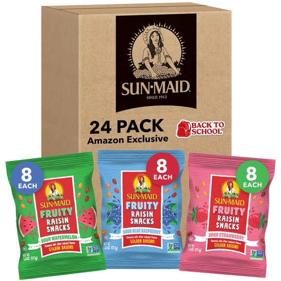 Sun-Maid Fruity Raisin Snack MFF30 Variety Pack - Sour Strawberry, Watermelon & Blue Raspberry - (24 Pack) 1.33 oz Pouches - Tastes Like Sour Candy - Back To School Snacks