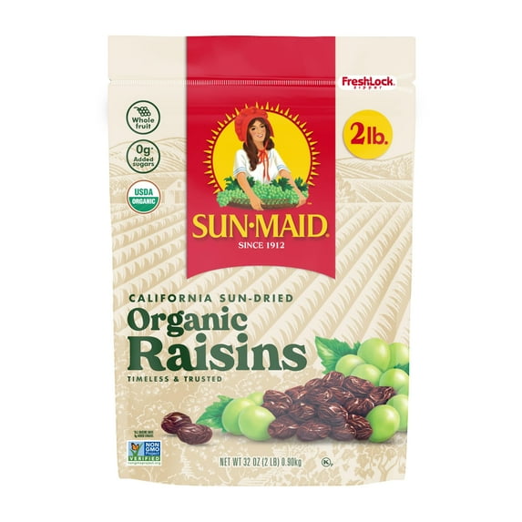 Sun-Maid Organic CaliforniaUMRT Sun-Dried Raisins - 32 oz Resealable Bag - Organic Dried Fruit Snack for Lunches, Snacks, and Natural Sweeteners