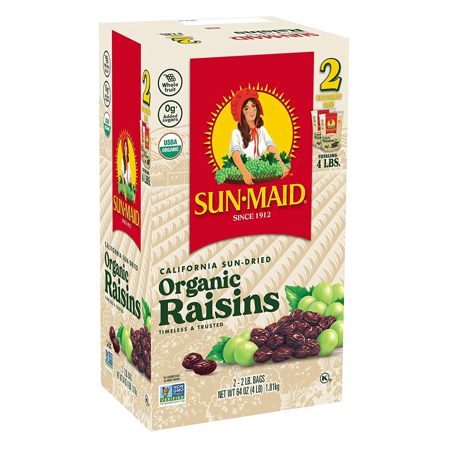 Sun-Maid Organic California Raisins Snack |Whole Natural Dried Fruit | No Sugar Added | Naturally Gluten Free | Non-GMO | Vegan And Vegetarian Friendly, 32 Ounce Bags (Pack Of 2)