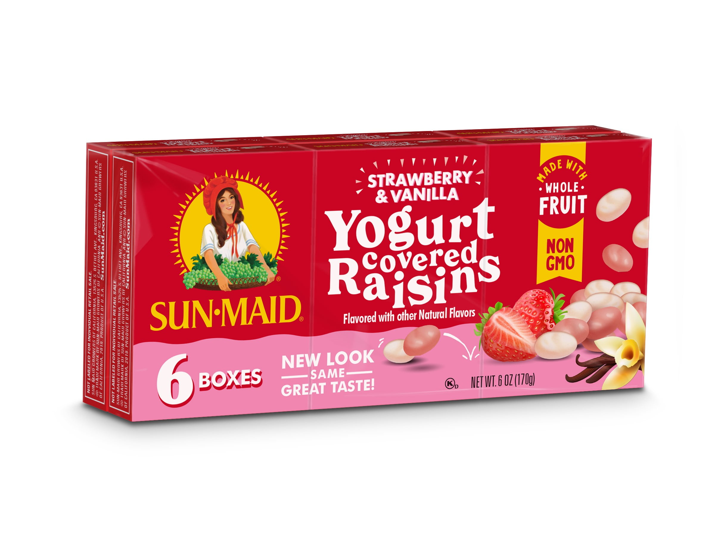 Sun-Maid Strawberry Vanilla Yogurt Covered Raisins, Dried Fruit + Yogurt Lunch Box Snack, 1 oz, 6 Ct