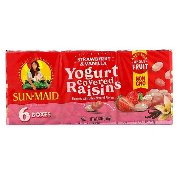 Sun-Maid, Yogurt Covered Raisins, Strawberry & Vanilla, 6 Boxes, 1 oz Pack of 4