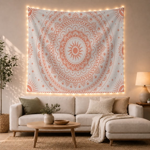 Sun Mandala Among Stars and Corner Sunbursts, Mystical Celestial for Astronomy Fans, Sacred Geometry Decor, Housewarming Gift, Tapestry Wall Hanging for Bedroom and Studio