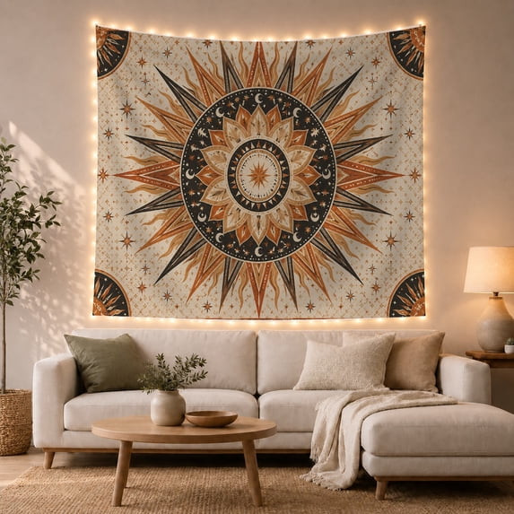 Sun Mandala with Crescent Moons and Rays, Serene Boho Style for Moon Lovers, Moon Wall Decor Housewarming Gift, Tapestry Wall Hanging for Bedroom and Living Room