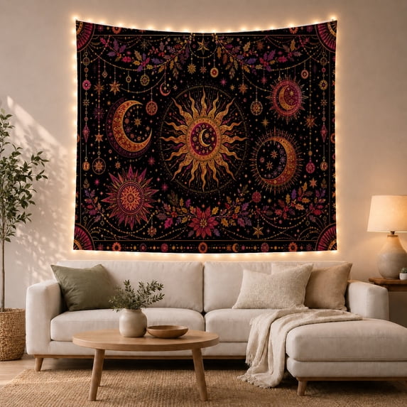 Sun Medallion with Crescent Moons and Star Ornaments, Mystical Boho for Space Lovers, Celestial Wall Art, Housewarming Gift, Tapestry Wall Hanging for Bedroom and Studio