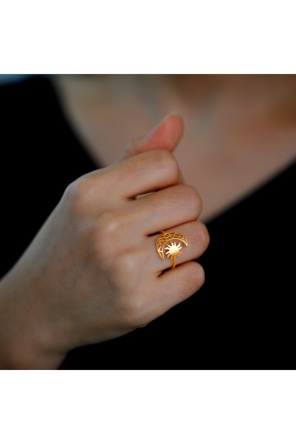 Sun Moon 14K Yellow Gold Rings for Women Men Golden Silver Color Simple Adjustable Open Size Finger Rings Jewelry Gifts Female