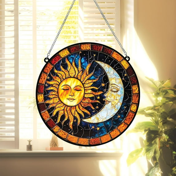 Sun & Moon Acrylic SunCatcher, Sun and Moon with Faces Light Catcher Window Hanging, Home Decoration Gift, Celestial Window Hanging