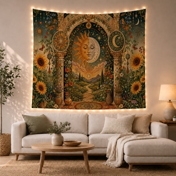 Sun and Moon Arch Scene with Meadow and Mountains, Peaceful Vintage Style for Celestial Art Lovers, Wall Decor, Housewarming Gift, Tapestry Wall Hanging for Bedroom and Dorm