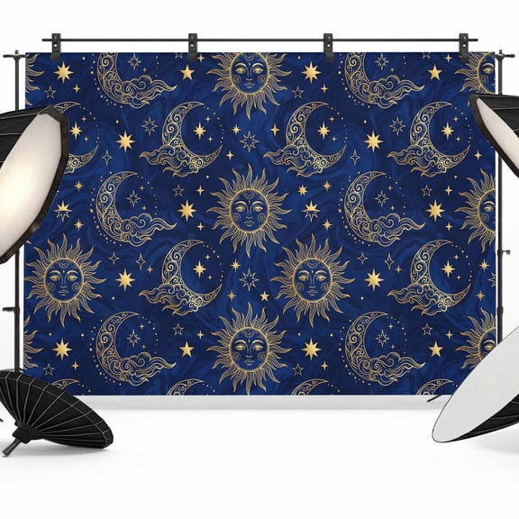 Sun and Moon Backdrop for Photography, Mystical Bohemian Stars Navy Blue Night Photo Backdrop Portrait Background Party Banner Photo Backgrounds for Studio Booth Props, 7x5ft