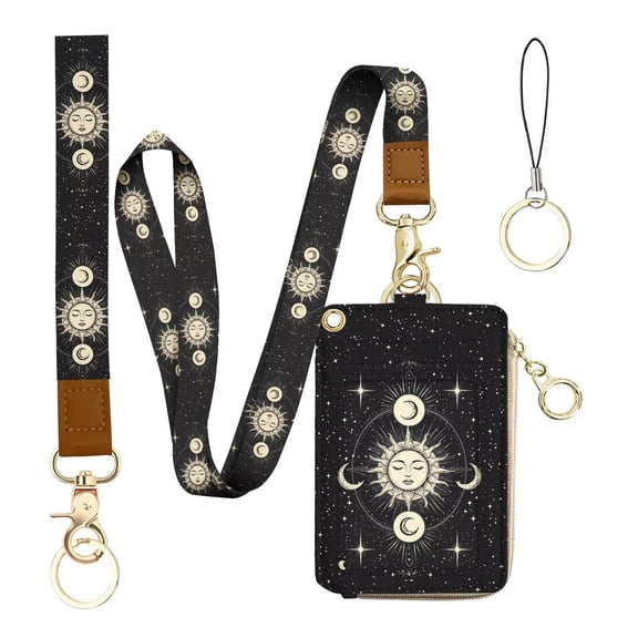 Sun and Moon Badge Holder & Lanyard Wallet Removable Lanyards for Teacher Womens Wallet with Wristlet & Neck Lanyard, Clear Window, 5 Card Slots, Pocket,1 Side Zipper Pocket, Ring Keychain