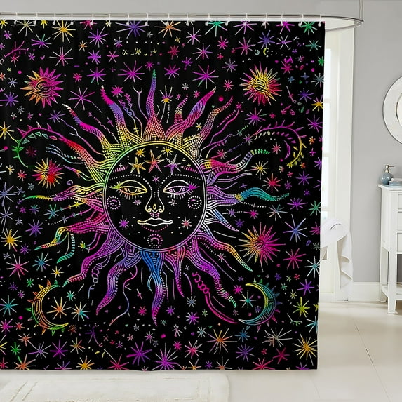 Sun And Moon Bathroom Shower Curtain Sets Boho Decor Fabric Shower Curtain,Watercolor Rainbow Fabric Shower Curtain 72" W X 72" L Galaxy Shower Curtain Bohemian Modern Aesthetic Bath Curtain