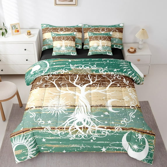 Sun and Moon Bed in a Bag Teens Tree of Life Bedding Set, Rustic Farmhouse Queen Comforter Set 7pcs Psychedelic Stars Bedding Comforter Sets, Vintage Barn Door Bed Sheets Set (Blue Green Brown)