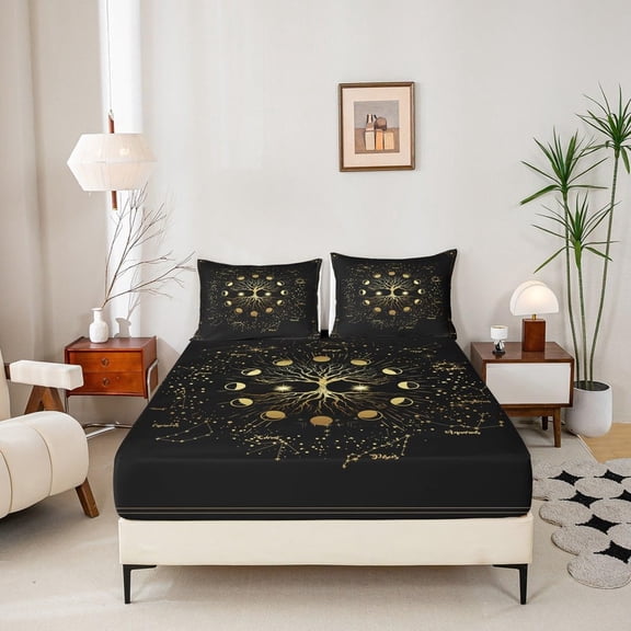 Sun and Moon Bed Cover Full,Galaxy Cosmic Abstract Tree Bed Set for Kids Teens Boys Adults Room Decor,Trippy Gothic Fitted Sheet Bohemian Exotic Bed Sheet Set with 2 Pillowcases,Black Gold