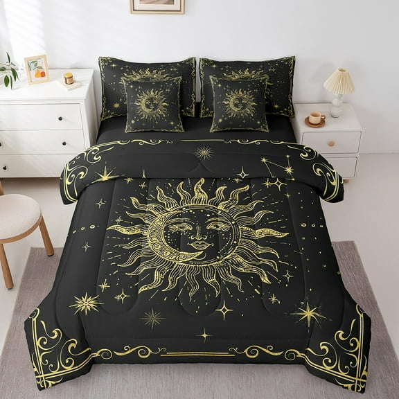 Sun Moon Bed In A Bag King Boho Galaxy Comforter Set 7 Piece ,Celestial Stars Bedding Set Space Planet Bed Sheets Set With Comforter