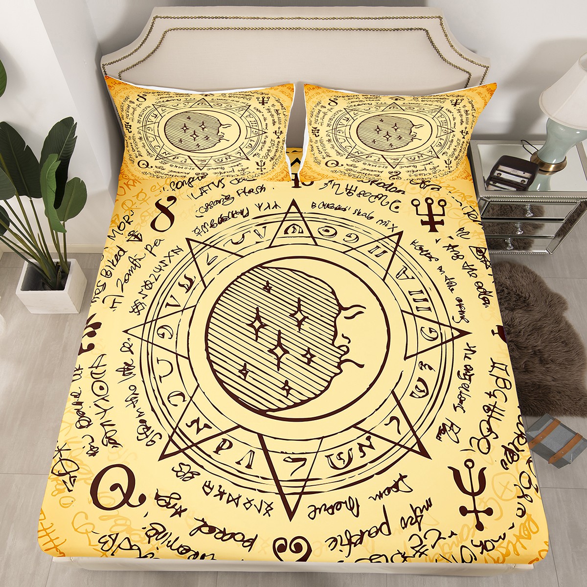 Sun and Moon Bed Sheets Boho Stars Vintage Decor Fitted Sheet Full Size