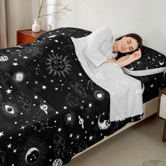 Sun Moon Bed Sheets King Size, Starry Galaxy Boho Hippie Constellation, Quality Brushed Microfiber Luxury Bedding Set with Flat, Fitted Sheet, 2 Pillow Cases