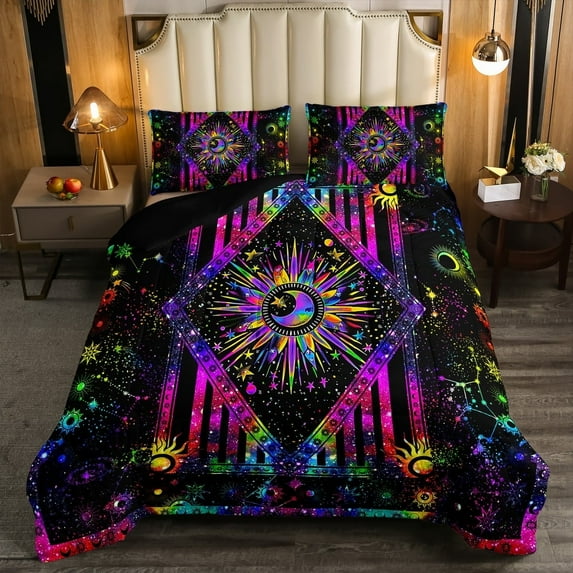 Sun and Moon Bedding Set, Colorful Tie Dye Comforter Set Mystic Stars Duvet Insert Psychedelic Celestial Astrology Quilted Comforter Bohemian Constellation Zodiac Duvet Set King, 3Pcs Soft
