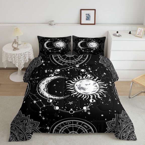Sun and Moon Bedding Set Constellation Galaxy Comforter Set for Kids Boys Girls Teens Psychedelic Boho Mandala Comforter Breathable Celestial Duvet Set Black White Room Decor Quilt Cover Queen Size