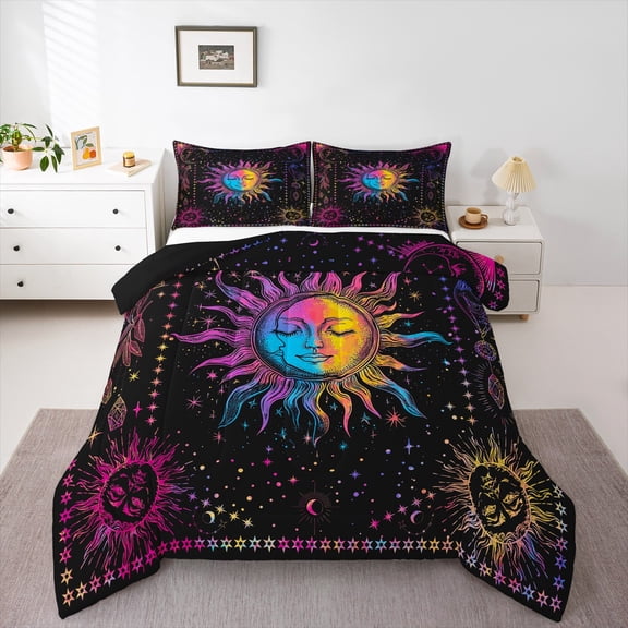 Sun and Moon Bedding Set Psychedelic Mystic Galaxy Comforter Set King,Colorful Starry Sky Duvet Insert Bohemian Constellation Comforter 3pcs Stars Bedroom Decor,Lightweight