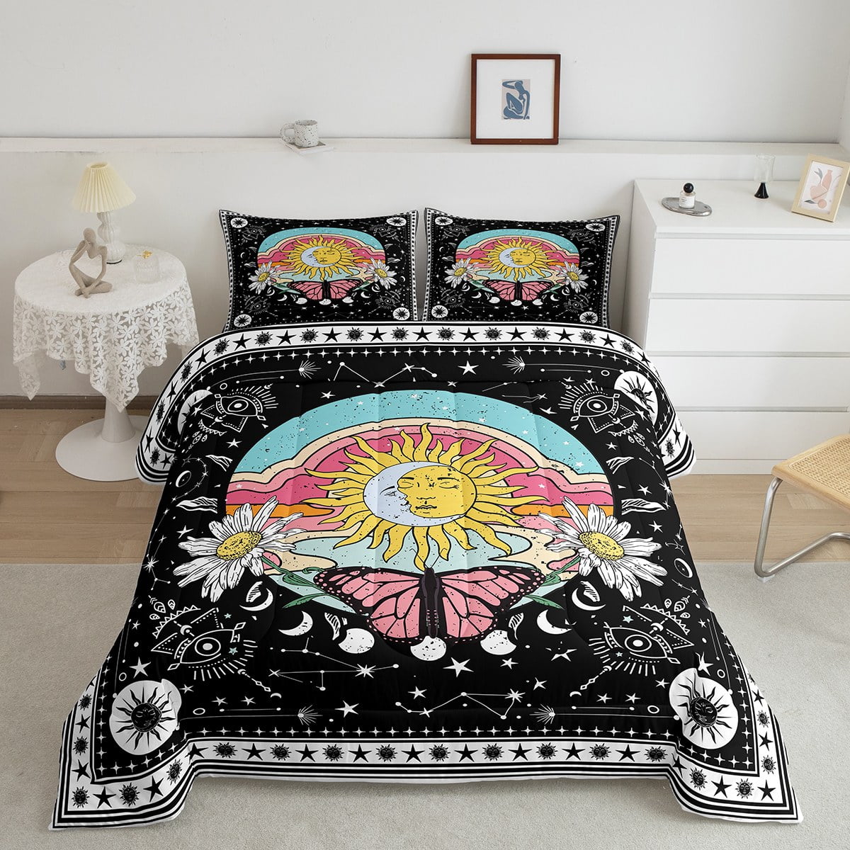 Sun and Moon Bedding Set Twelve Constellations Zodiac Comforter Set Galaxy Moon Phase Bedding