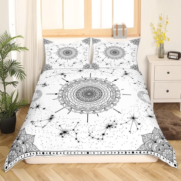 Sun and Moon Bedding Set Twin Size Bohemian Mandala Comforter Cover Galaxy Starry Sky Duvet Cover for Kids Teens Adult Boho Exotic Constellation Bed Set with 1 Pillow Case, Black White