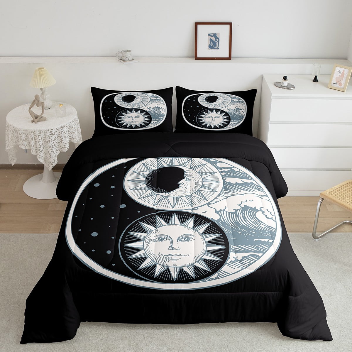 Sun and Moon Bedding Yin Yang Comforter Set for Toddler Youth Teens, Boho Galaxy Stars Sea Waves