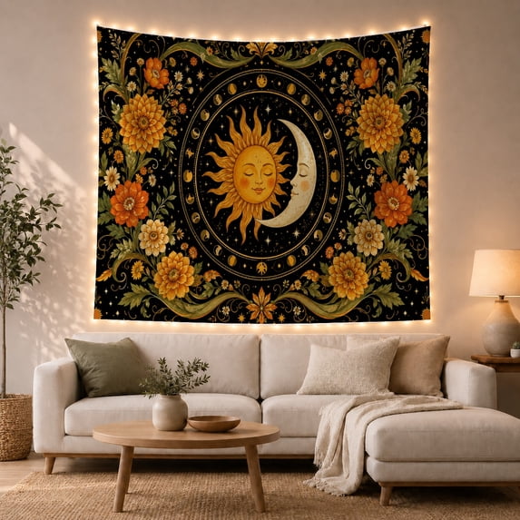 Sun and Moon Against Black Background, Mystical Boho for Nature Lovers, Celestial Floral Art, Housewarming Gift Tapestry Wall Hanging for Bedroom and Living Room