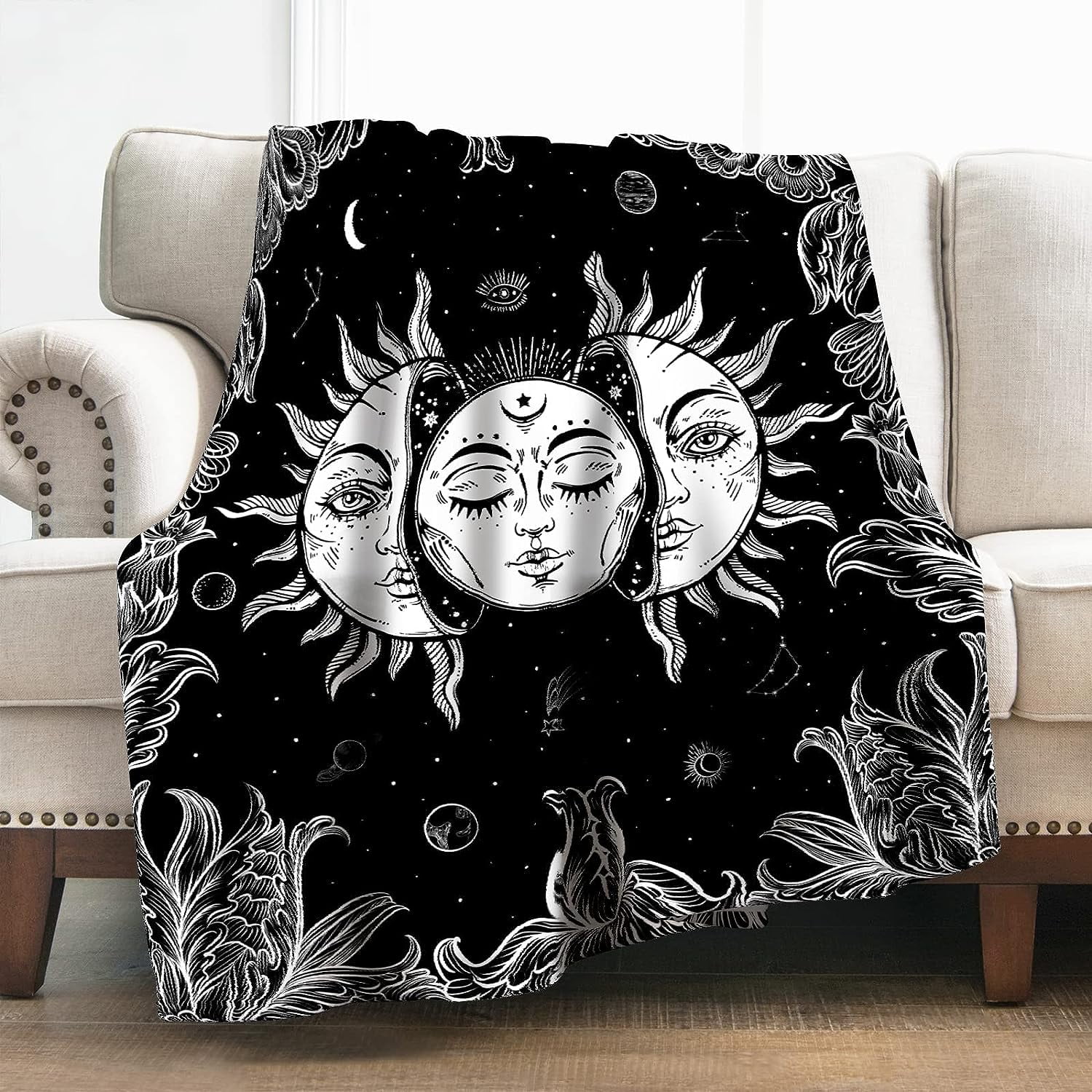 Sun Moon Blanket Gifts for Women Girls Boys, White Stars Space
