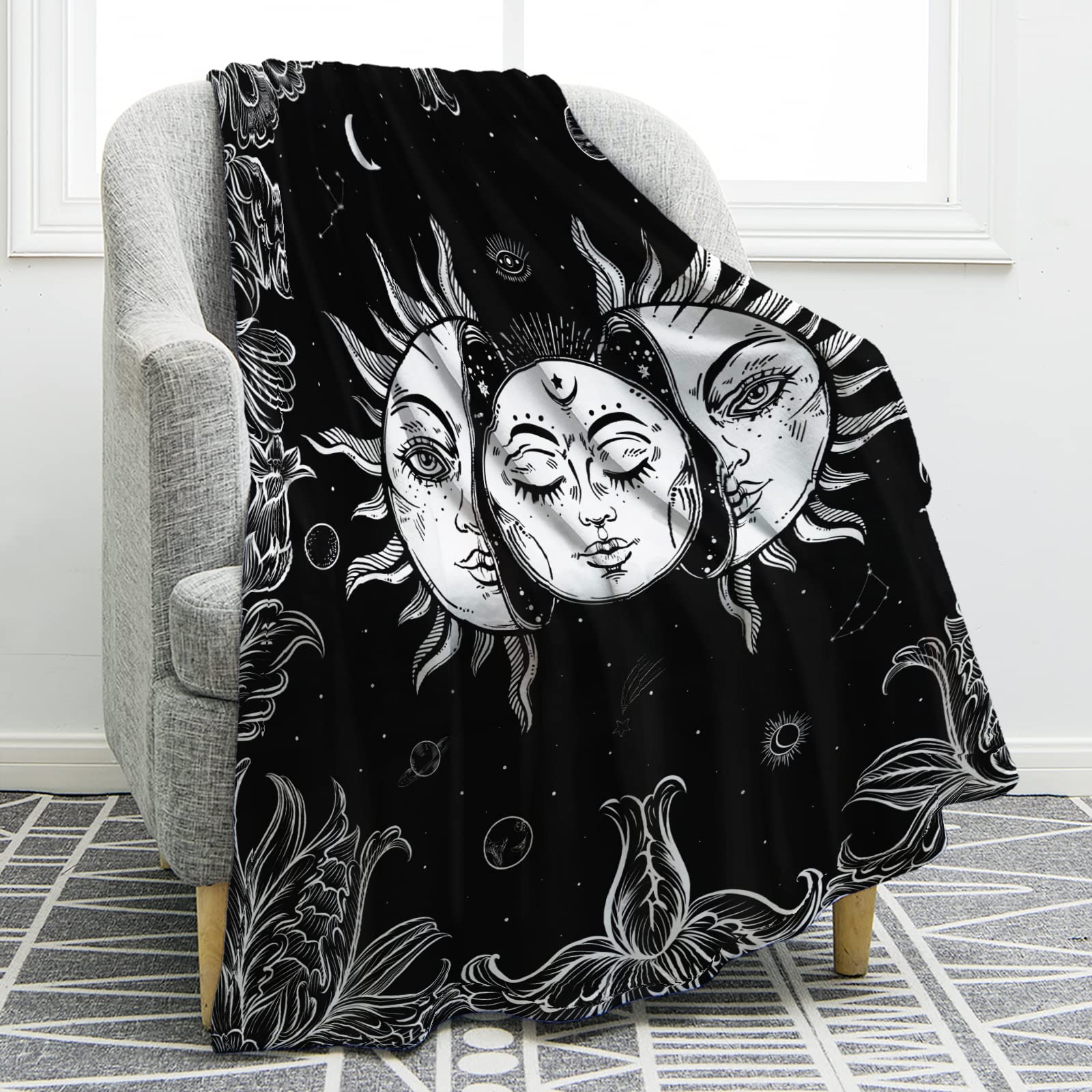 Sun Moon Blanket Star Space Psychedelic Black and White Print Throw