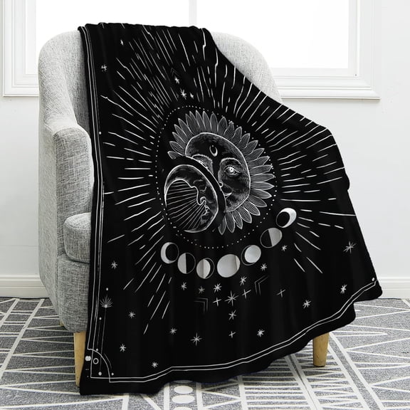 Sun Moon Blanket Stars Space Psychedelic Print Throw Blanket for Bedroom Decor Mystic Mandala Indie Dorm Aesthetic Decorations Black 50"x60"