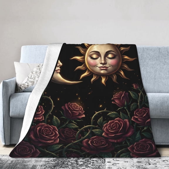 Sun And Moon Blanket, Sun And Moon Throw Blanket, Vintage Floral Celestial Design, Soft Cozy Plush Flannel Throw for Living Room, Couch Bed Travel 50x40