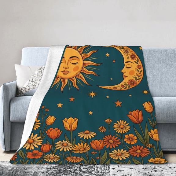 Sun And Moon Blanket, Sun And Moon Throw Blanket, Vintage Floral Celestial Design, Soft Cozy Plush Flannel Throw for Living Room, Couch Bed Travel 50x40