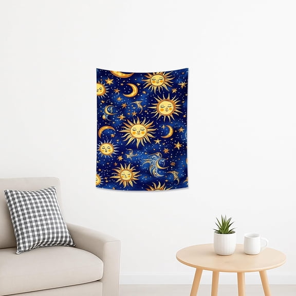 Sun and Moon Blue Tapestry, Celestial Stars Wall Hanging Decor, Bohemian Mystical Aesthetic for Bedroom, Living Room, Dorm, Seasonal Decorations 30x40 Inch