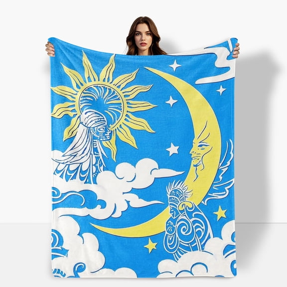 Sun Moon Blue White Cloud Flannel Blanket Soft Warm Comfortable For Sofa Bed Travel Camping Living Room Office Chair Polyester Fiber Gift For Family Or Friends